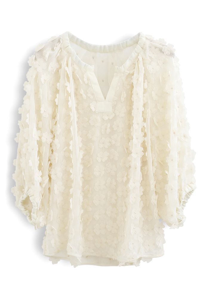 3D Clover Sheer Puff Sleeves V-Neck Top in Cream