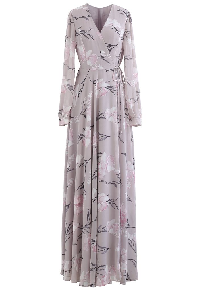 Stunning Lavender Floral Print Wrap Chiffon Maxi Dress