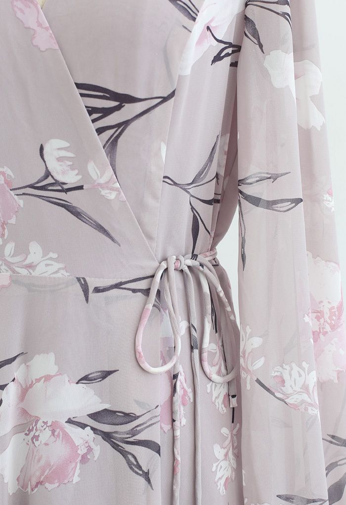 Stunning Lavender Floral Print Wrap Chiffon Maxi Dress