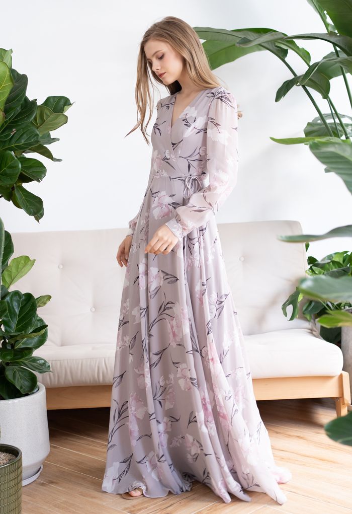 Stunning Lavender Floral Print Wrap Chiffon Maxi Dress