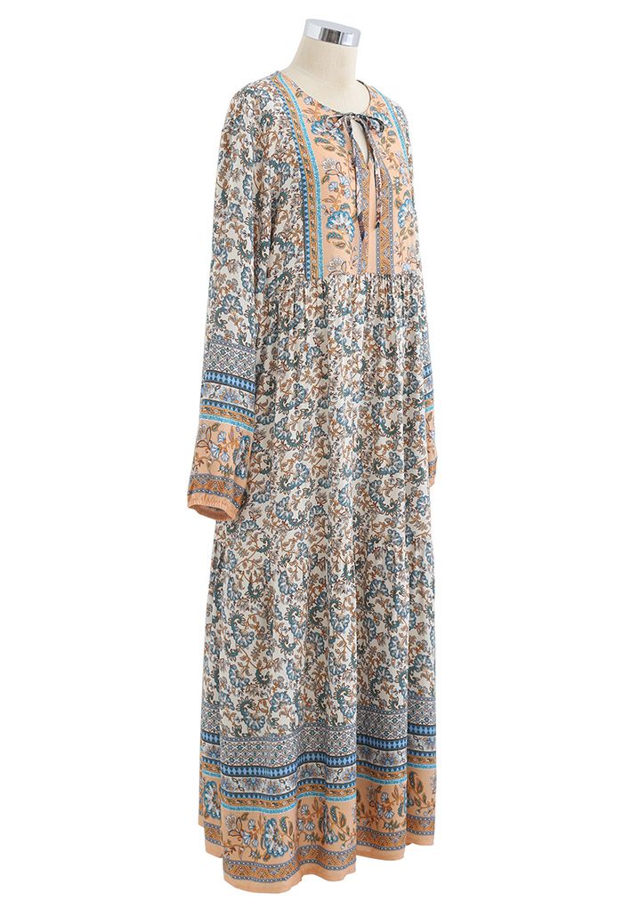 V-Neck Floral Printed Boho Maxi Dress