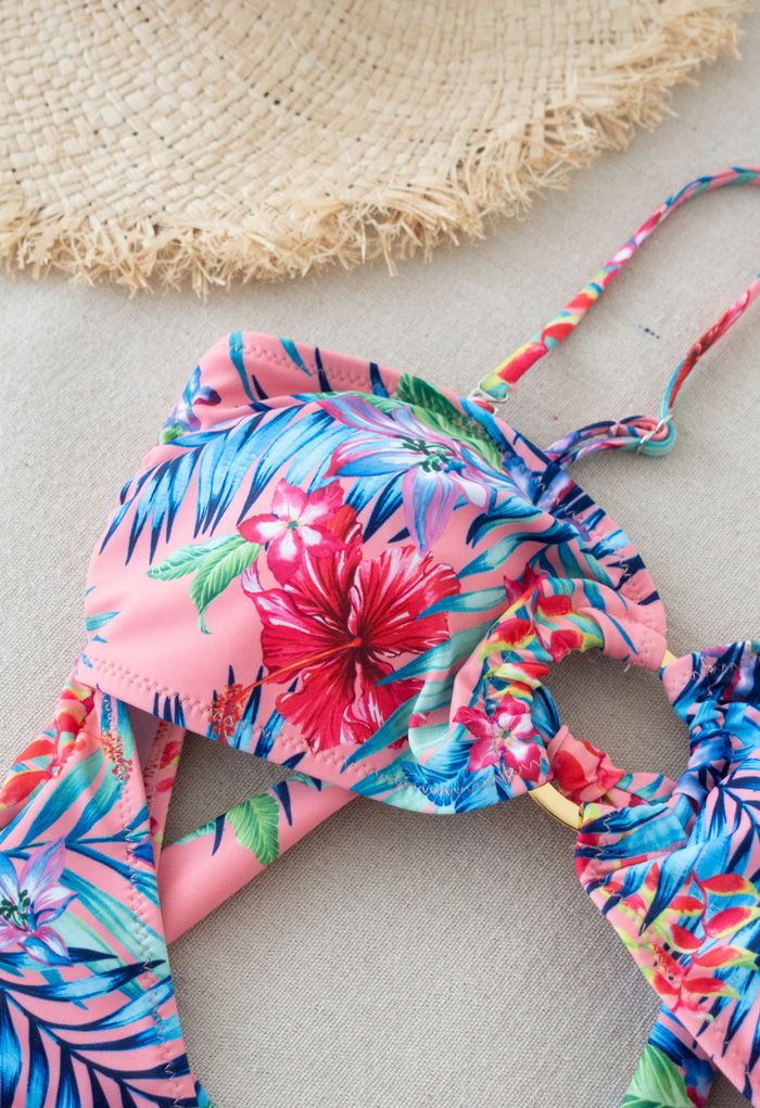 O-Ring Tropical Printed One-Piece Swimsuit in Pink