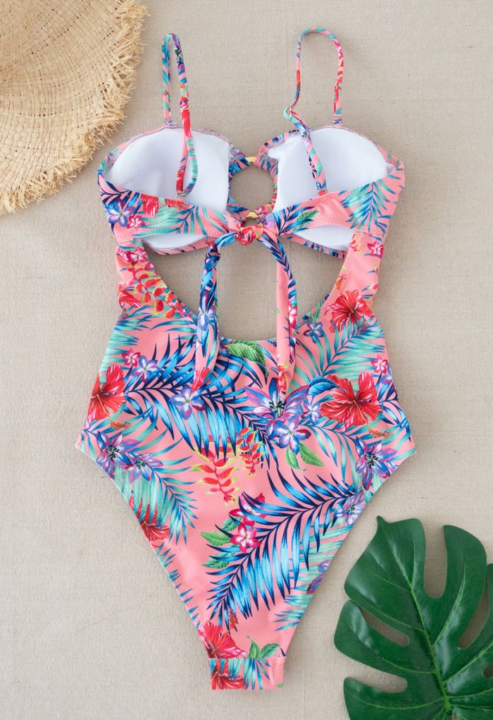 O-Ring Tropical Printed One-Piece Swimsuit in Pink