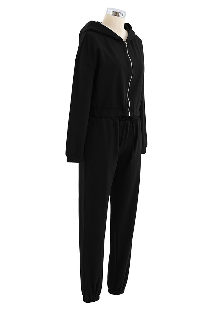 Hooded Zipper Sweatshirt and Drawstring Joggers Set in Black