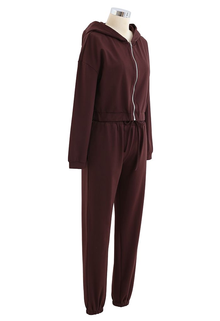 Hooded Zipper Sweatshirt and Drawstring Joggers Set in Brown