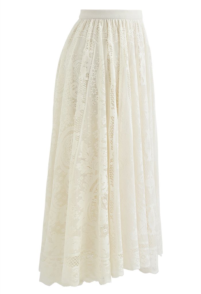 Divine Floral Lace Midi Skirt in Cream