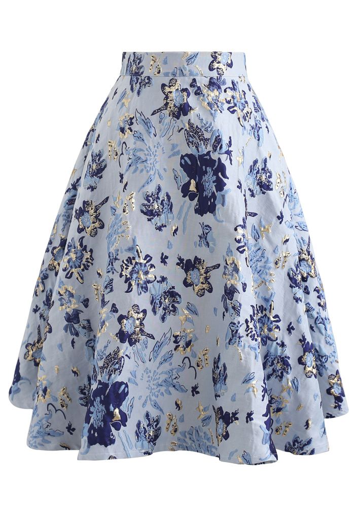 Blue Floral Embossed Jacquard Midi Skirt