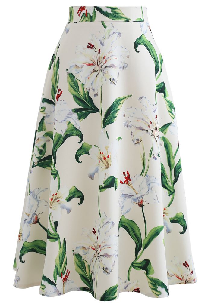 Gorgeous Floral Print A-Line Midi Skirt in Green