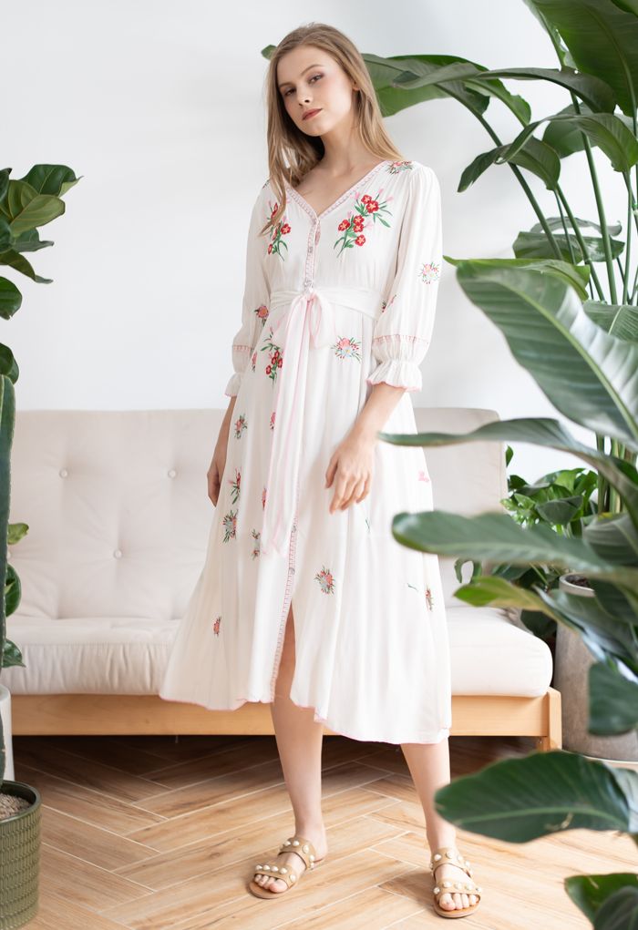 Red Bouquet Embroidered Tied Button Down Midi Dress