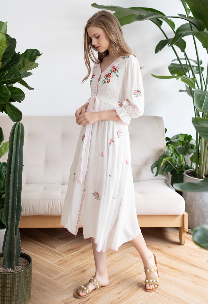 Red Bouquet Embroidered Tied Button Down Midi Dress