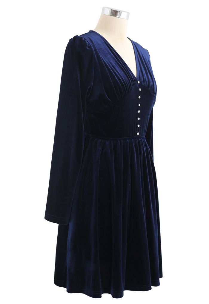 Button Trim V-Neck Ruched Velvet Dress in Navy