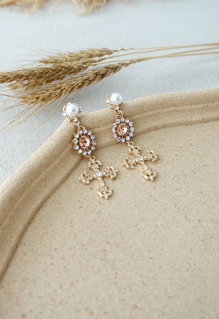 Cross Crystal and Pearl Decorated Drop Earrings