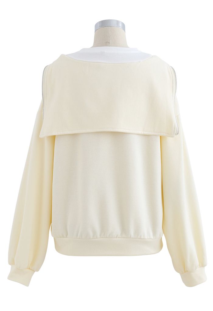 Zipper Front Spliced Sweatshirt in Cream