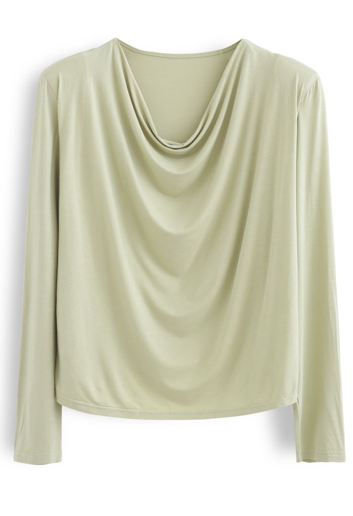 Drape Neck Padded Shoulder Top in Moss Green