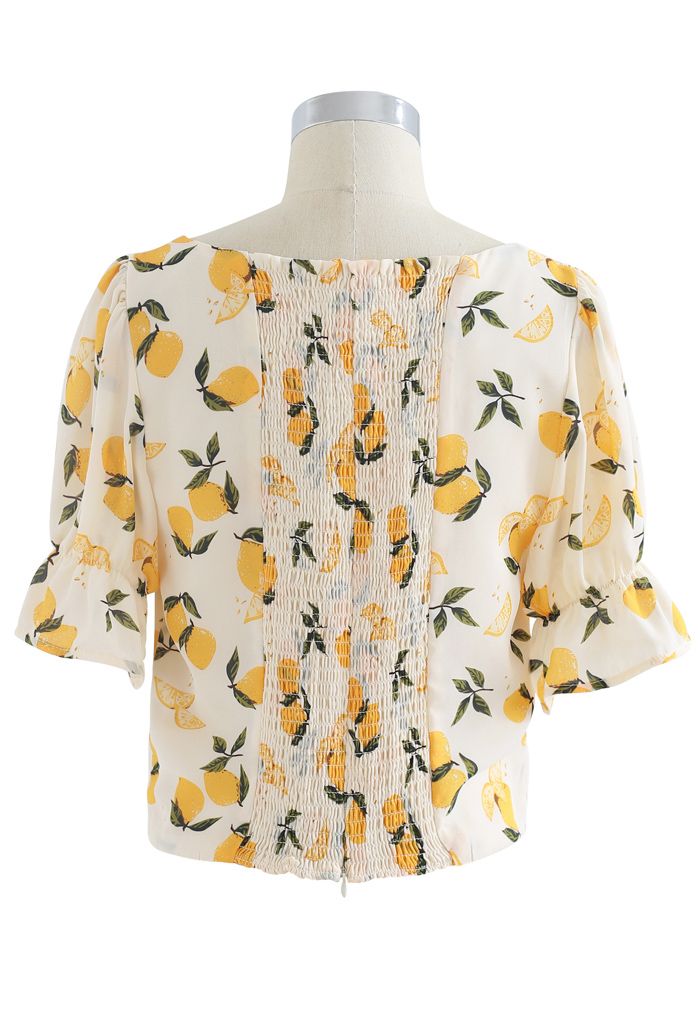 Lemon Print Square Neck Bowknot Crop Top