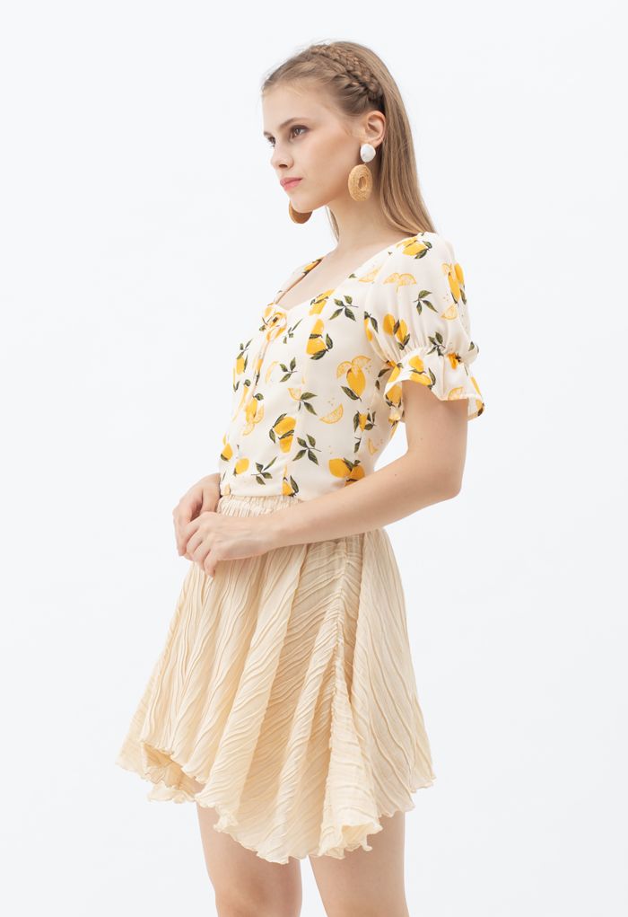 Lemon Print Square Neck Bowknot Crop Top