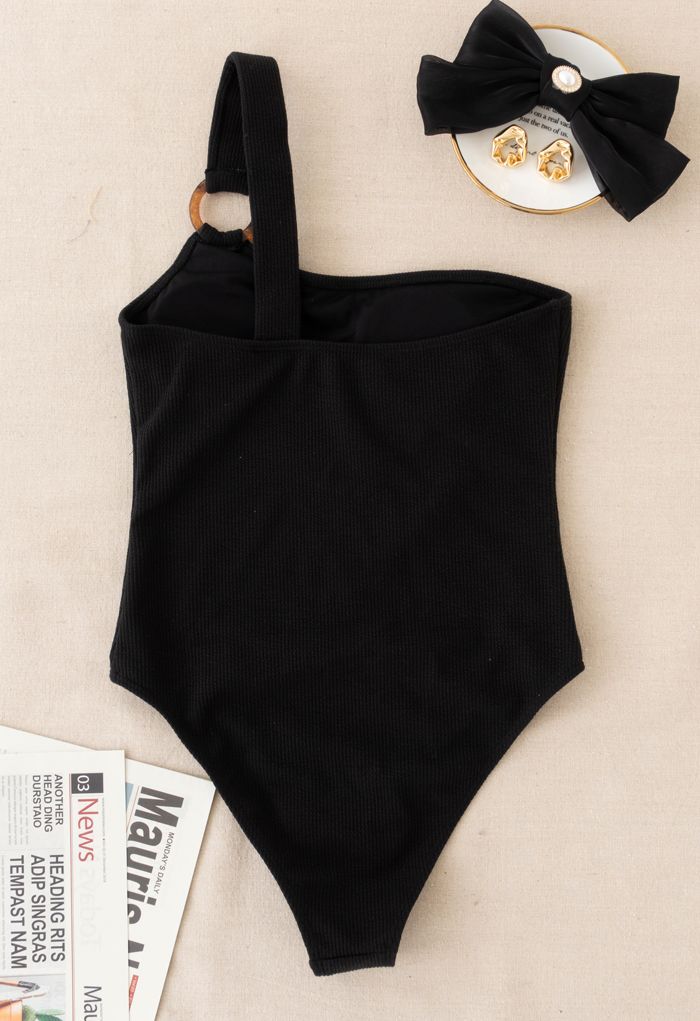 O-Ring One-Shoulder Swimsuit in Black