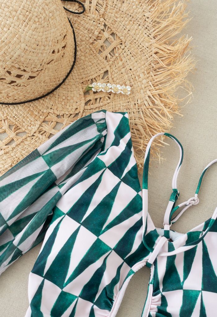 Mesh Sleeve Cut-Out Halter Swimsuit in Green Triangle