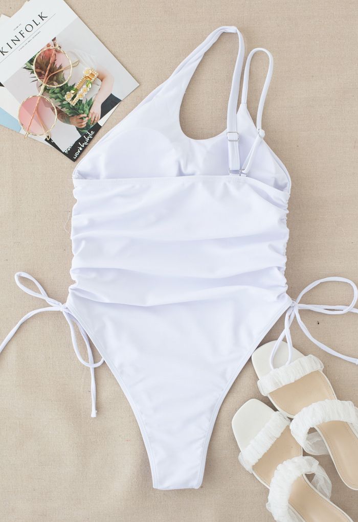 Drawstring Side One-Piece Swimsuit in White