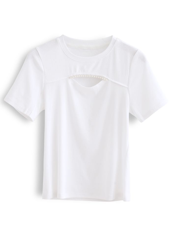 Front Cutout Pearls Fitted T-Shirt in White