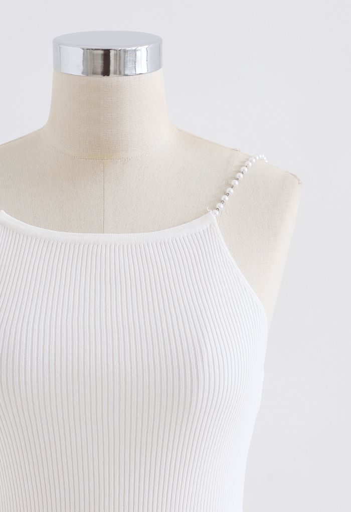 Pearl Straps Knit Cami Tank Top in White