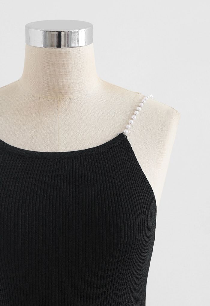 Pearl Straps Knit Cami Tank Top in Black