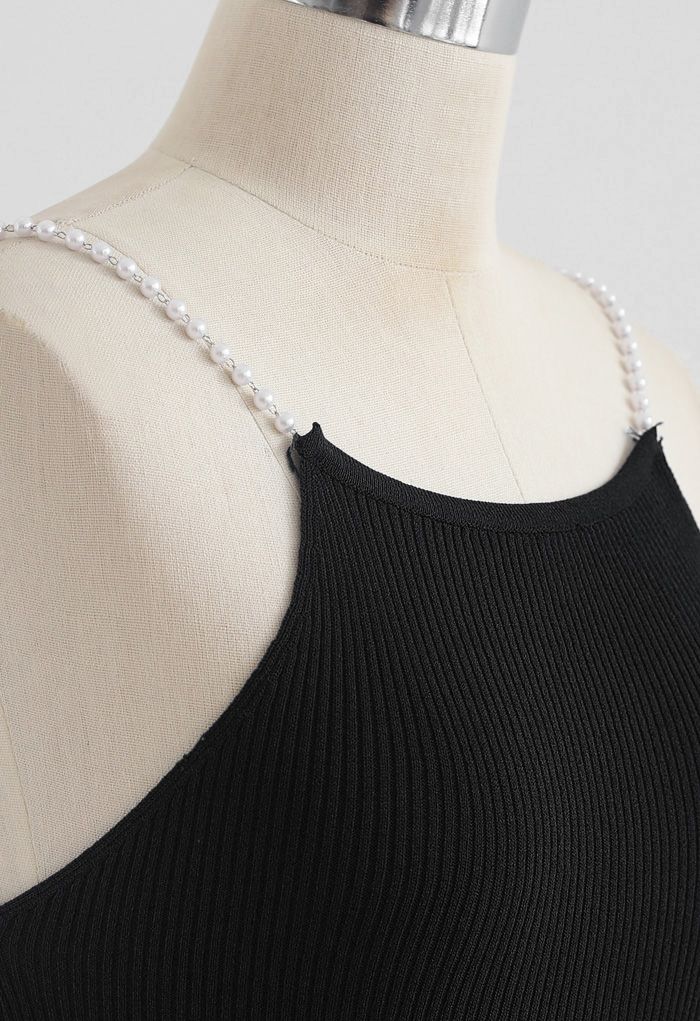 Pearl Straps Knit Cami Tank Top in Black