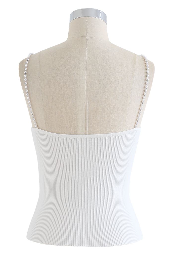 Pearl Straps Knit Cami Tank Top in White