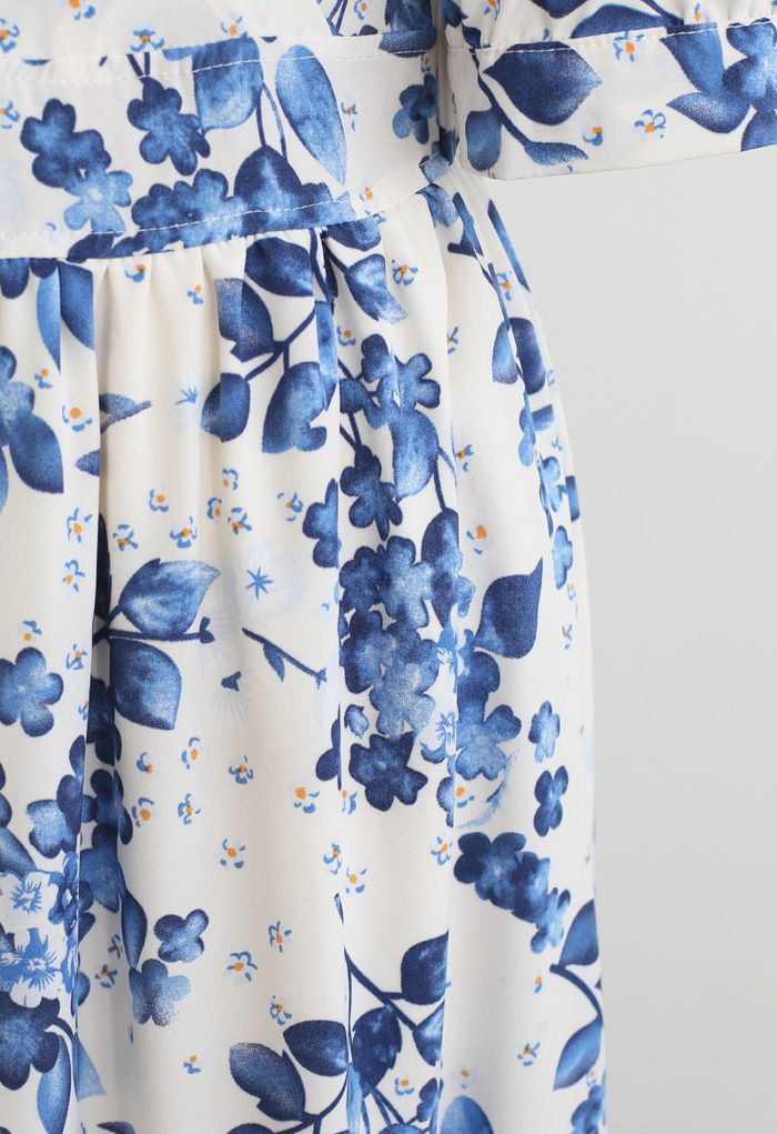 Blue Floral Printed Wrap Frilling Dress