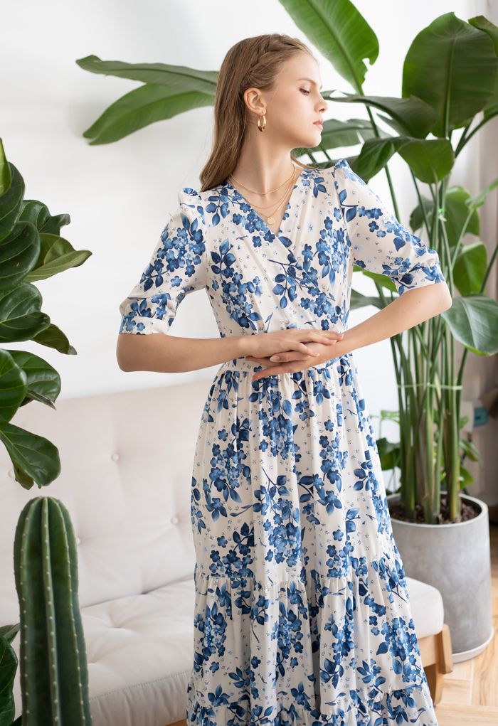 Blue Floral Printed Wrap Frilling Dress