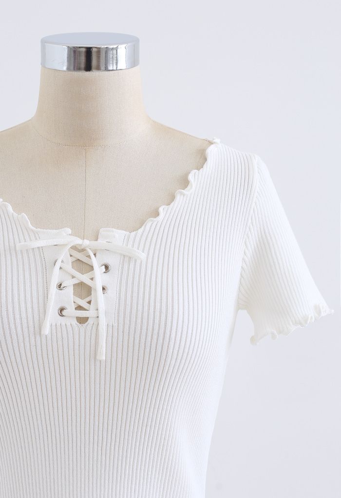 lettuce Edge Lace-Up Crop Knit Top in White