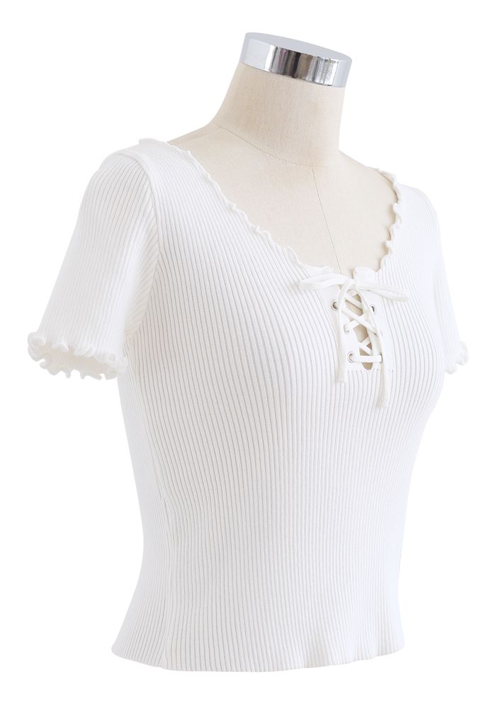 lettuce Edge Lace-Up Crop Knit Top in White