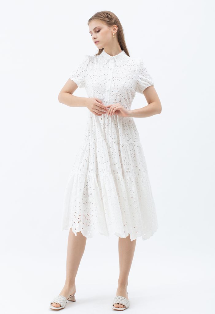 Crochet Collar Embroidered Eyelet Cotton Dress