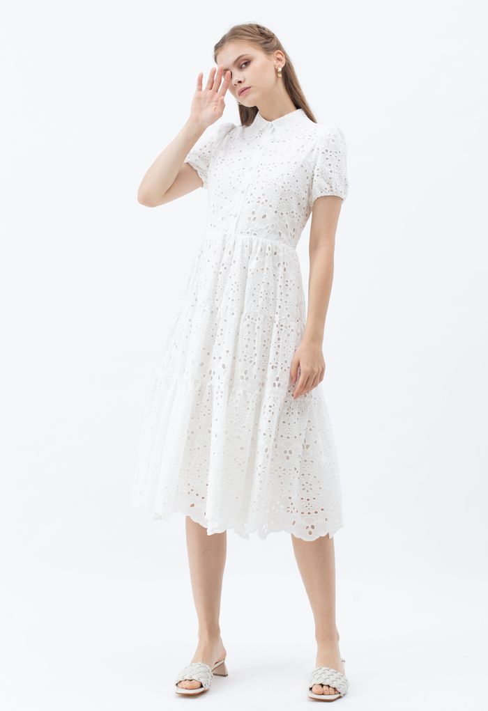 Crochet Collar Embroidered Eyelet Cotton Dress