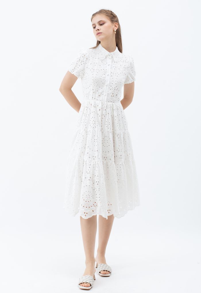 Crochet Collar Embroidered Eyelet Cotton Dress