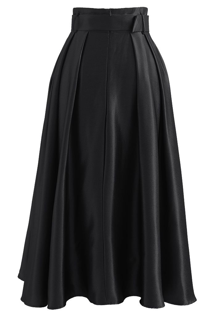 Belted Texture Flare Maxi Skirt in Black