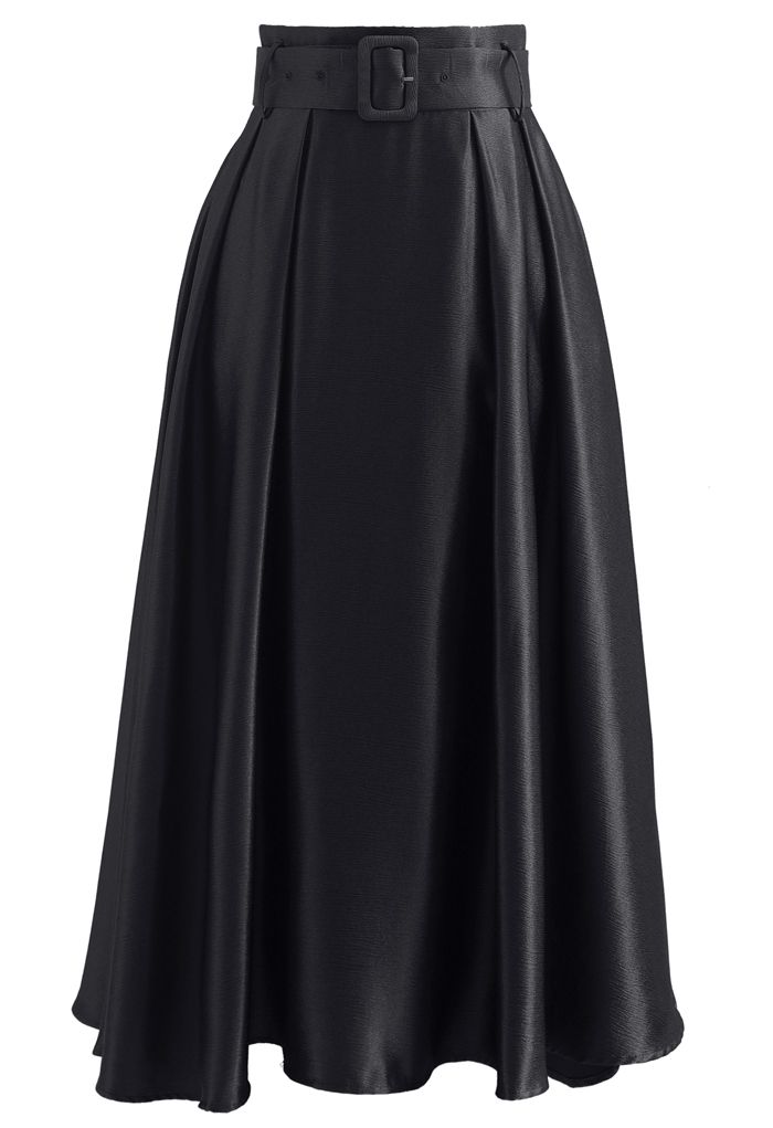 Belted Texture Flare Maxi Skirt in Black