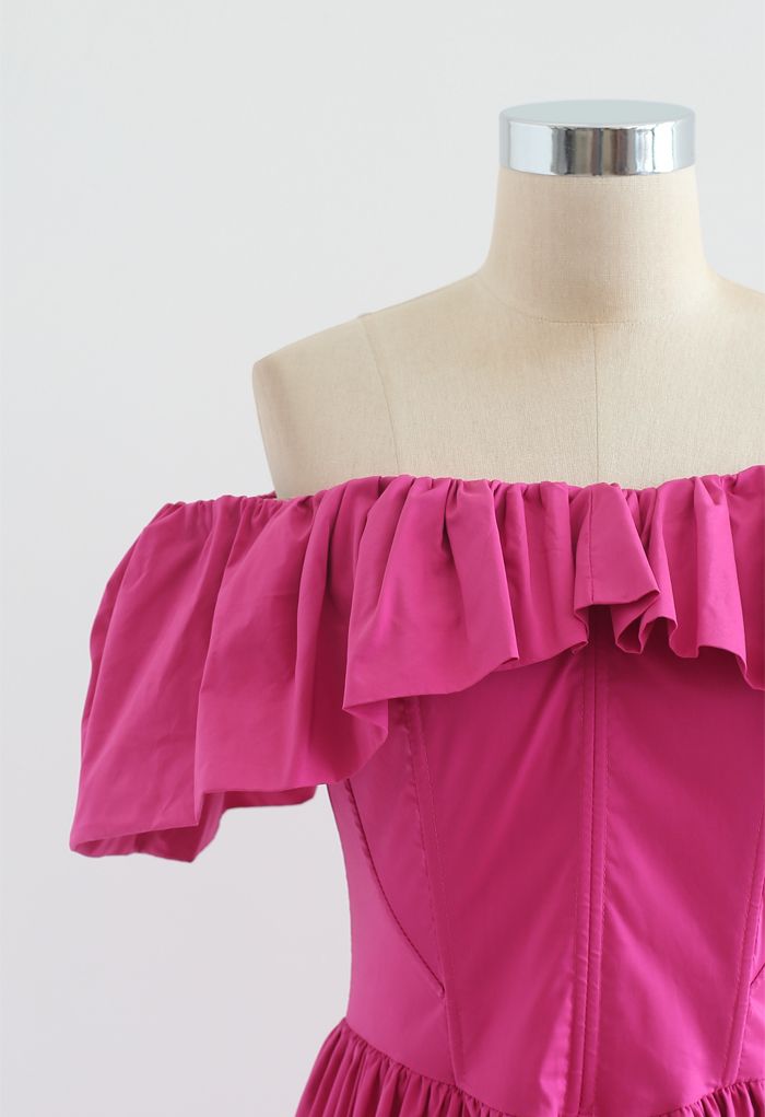 Ruffle Off-Shoulder Flap Asymmetric Dress in Magenta