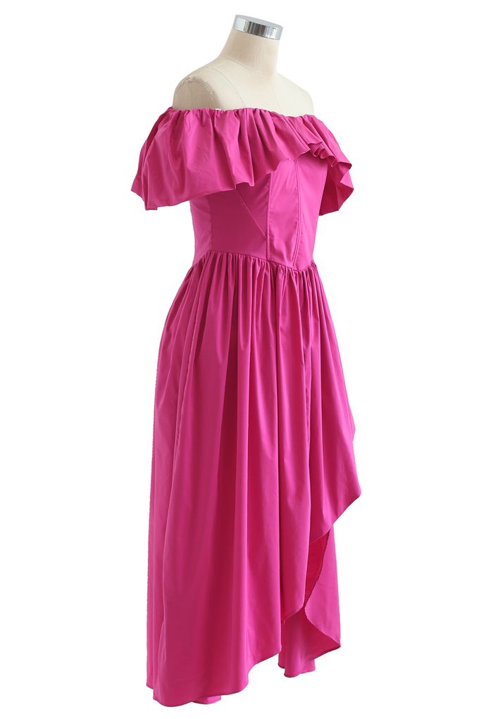 Ruffle Off-Shoulder Flap Asymmetric Dress in Magenta