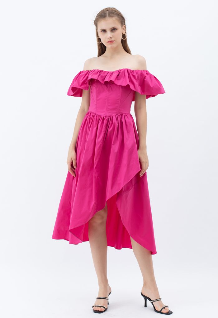 Ruffle Off-Shoulder Flap Asymmetric Dress in Magenta