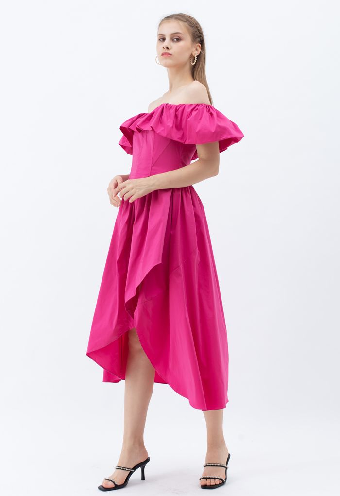 Ruffle Off-Shoulder Flap Asymmetric Dress in Magenta