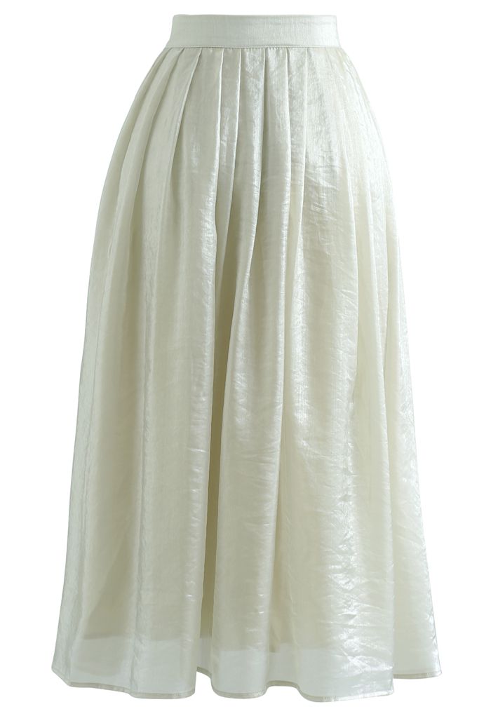 Shimmer Breeze Pleated A-Line Midi Skirt in Pea Green