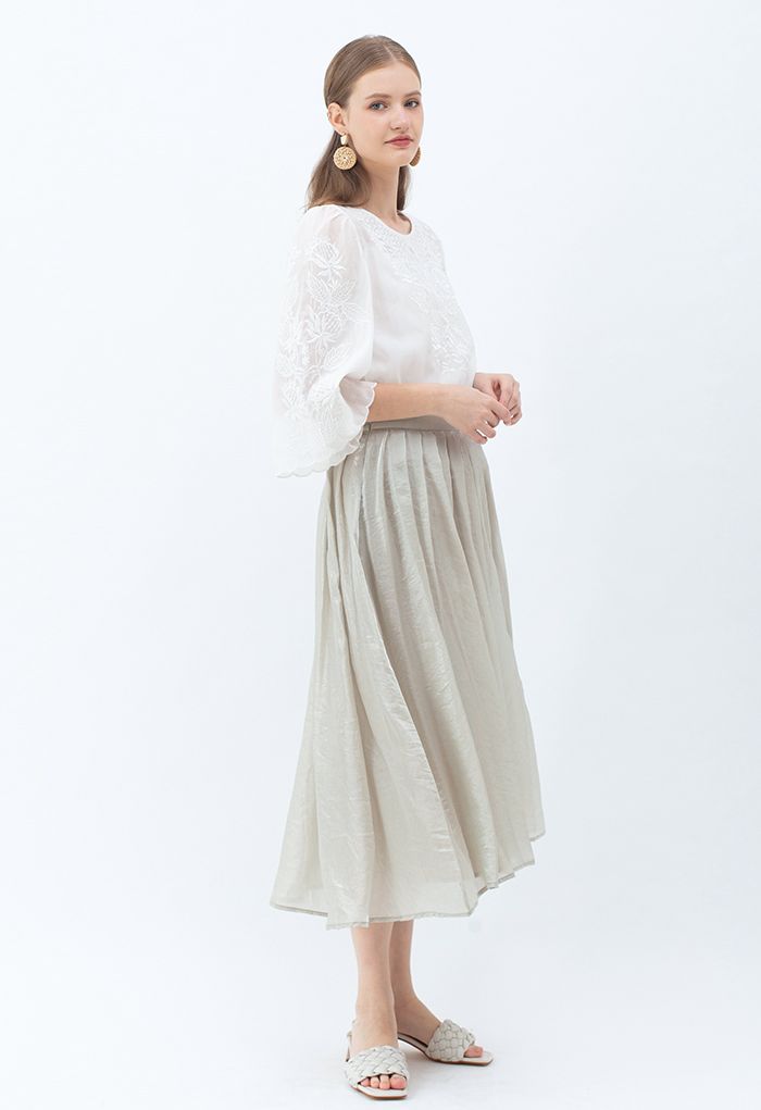 Shimmer Breeze Pleated A-Line Midi Skirt in Pea Green