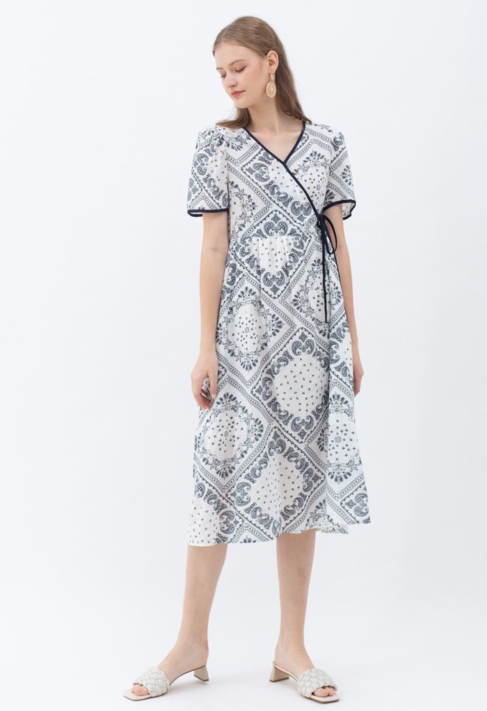 Paisley Print Piping Cotton Dress in Black