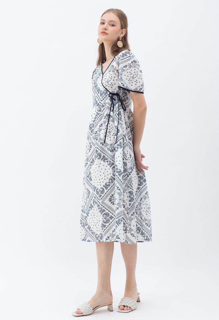 Paisley Print Piping Cotton Dress in Black