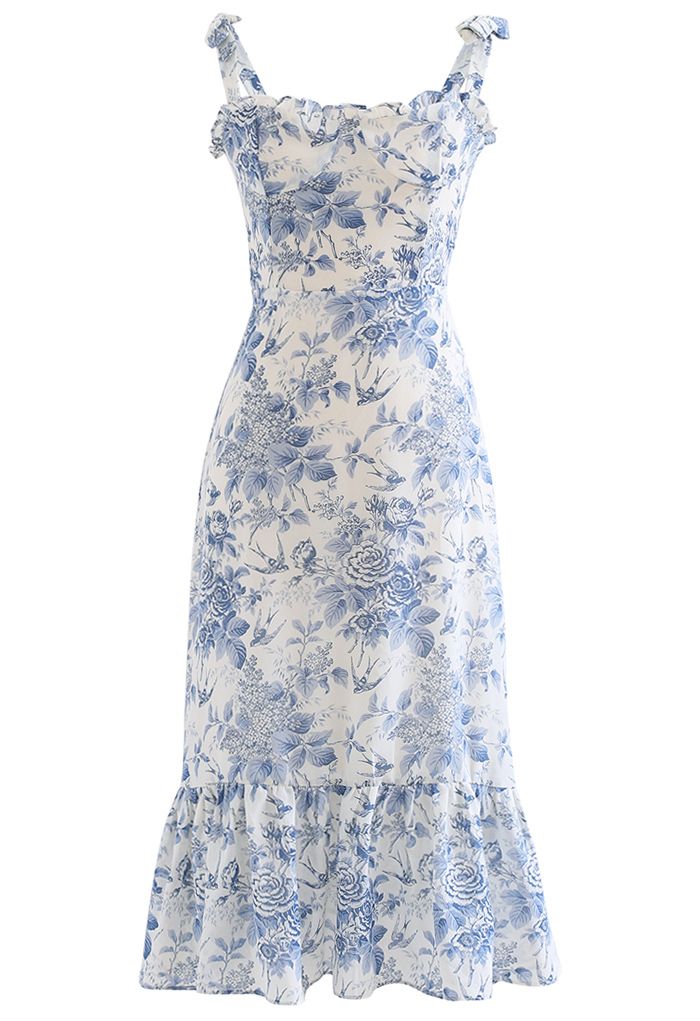 Swallow and Rose Printed Tie-Strap Midi Dress