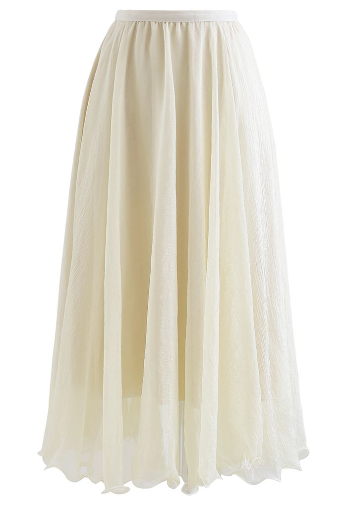 Subtle Shimmer Semi-Sheer Pleated Midi Skirt in Yellow