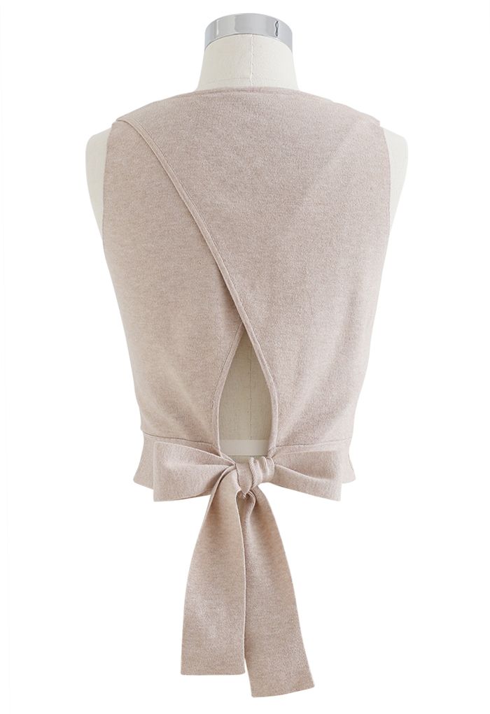 Bowknot Wrap Back Sleeveless Crop Knit Top in Linen