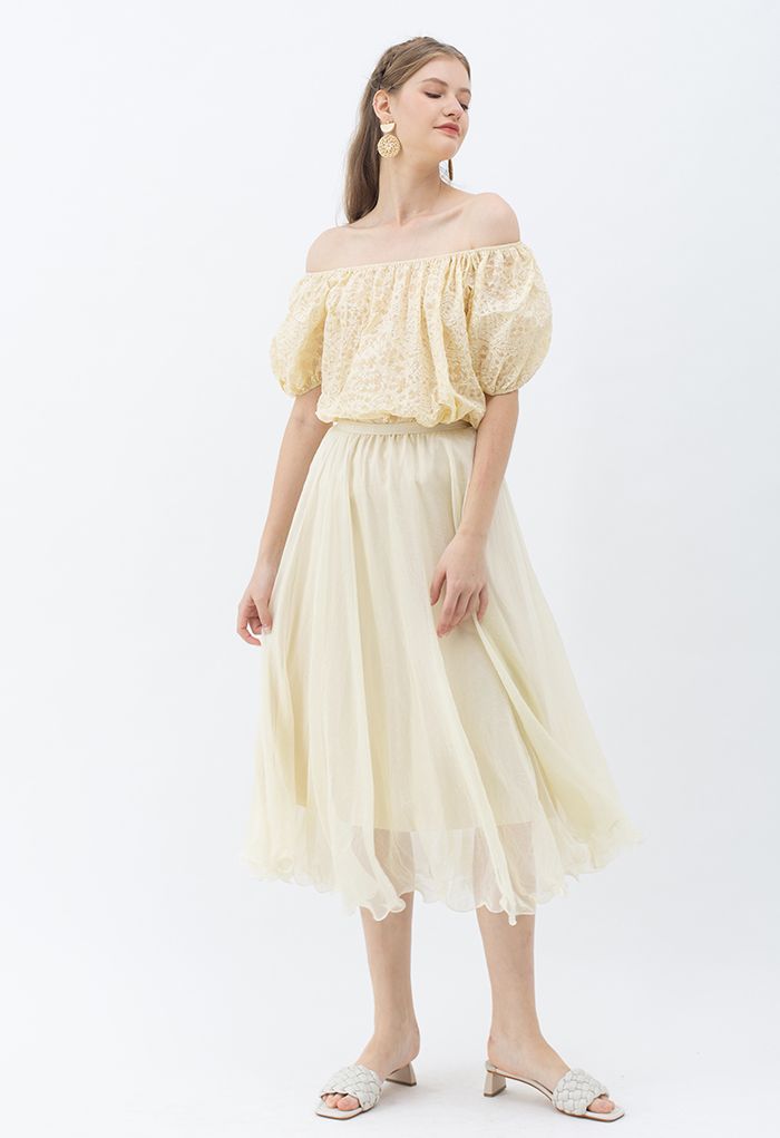 Subtle Shimmer Semi-Sheer Pleated Midi Skirt in Yellow