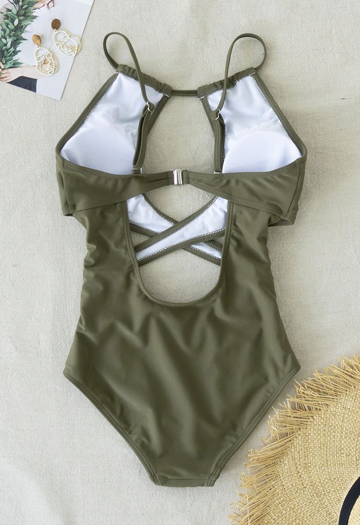 Cross Front Cutout Cami Swimsuit in Army Green